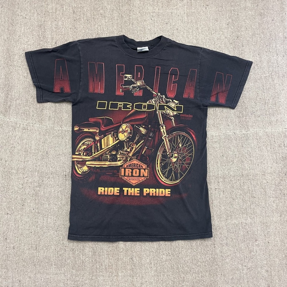 Vintage‎ American Iron shirt men Medium Black 1990s full graphic chopper ride